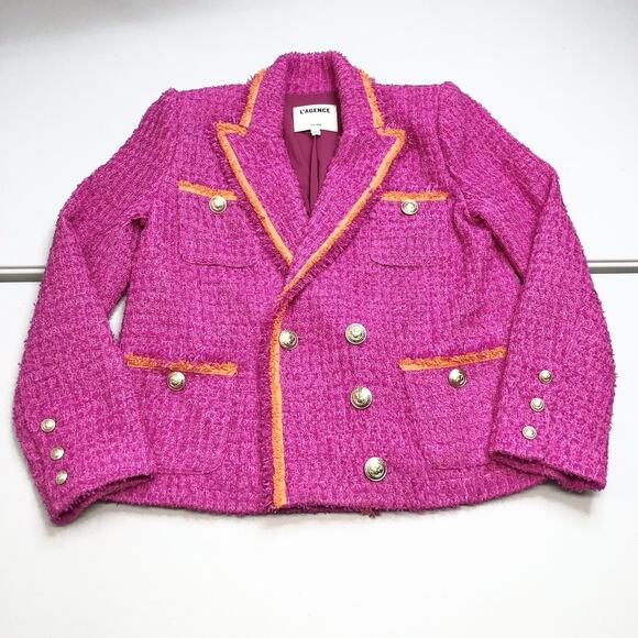 L'AGENCE Jackets & Blazers - L'AGENCE Hot Pink Tweed Double-Breasted Blazer with Orange Trim